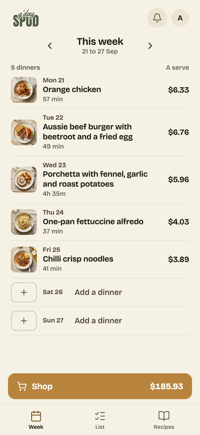 The week in the app: five dinners from Monday to Friday, each priced a serve, and Shop at $185.93